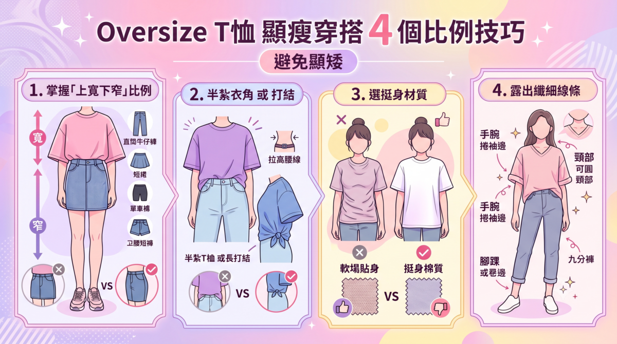 Oversize-T-shirt顯瘦穿搭教學：4個避免顯矮的比例技巧，包含上寬下窄、半紮衣角拉高腰線、選擇挺身材質與露出手腕腳踝。