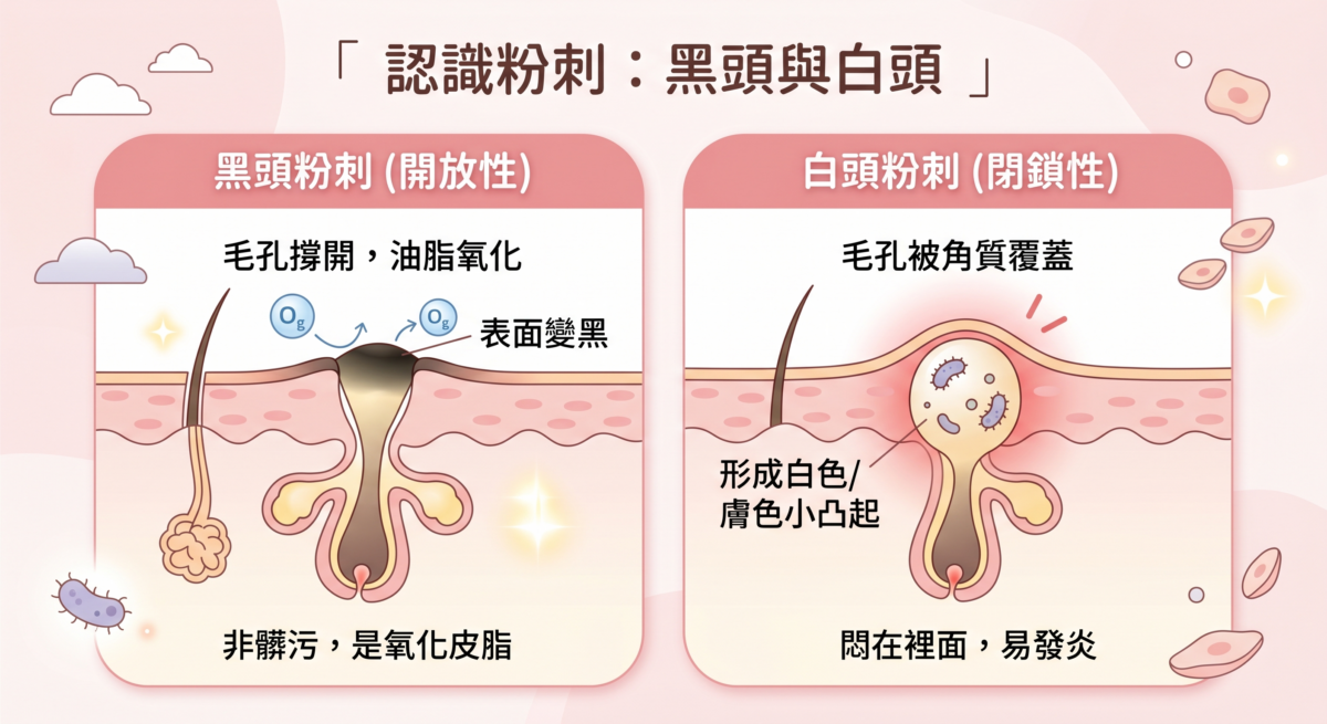 開放性粉刺就是俗稱的黑頭，因為毛孔開口沒有被完全堵住，油脂與髒污接觸空氣後氧化變色，呈現出一點一點的黑色顆粒。