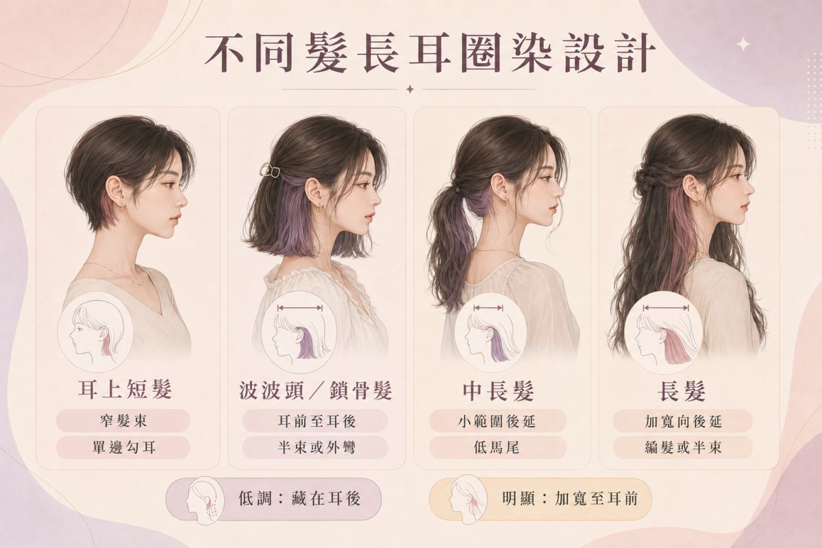 不同髮長（短髮、波波頭、中長髮、長髮）耳圈染建議染色範圍與造型整理對照圖。