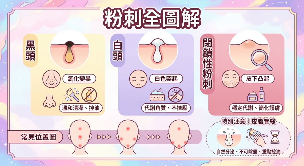 黑頭白頭與閉口暗粒分辨圖表：一張圖看懂黑頭粉刺、白頭粉刺、閉鎖性粉刺（暗粒）及皮脂管絲的常見位置、特徵與護理重點對比圖。