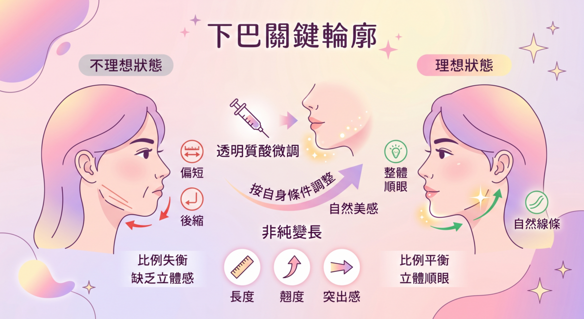 下巴與臉型比例關係圖:解析下巴長度、翹度與突出感對正面下庭與側臉輪廓立體感的影響。