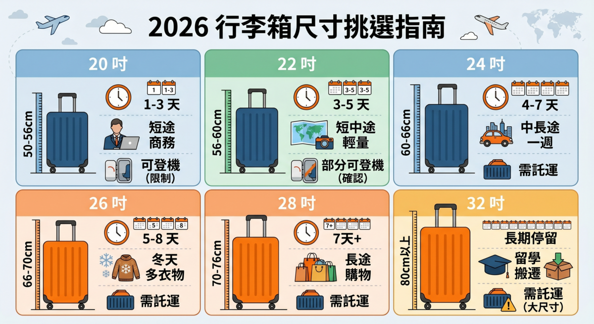 20吋、24吋、26吋、28吋、32吋行李箱尺寸挑選指南圖表,依旅行天數、冬天衣物收納、購物需求及留學搬遷等不同情境推薦最適合的行李箱大小。