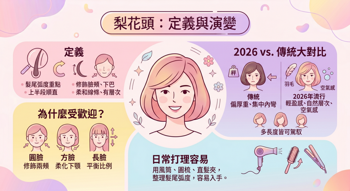 2026流行梨花頭與傳統梨花頭的特色對比圖,解析兩者在輕盈空氣感、層次剪裁、髮尾C字內彎與外翹、以及適合短髮和鎖骨髮的差異。