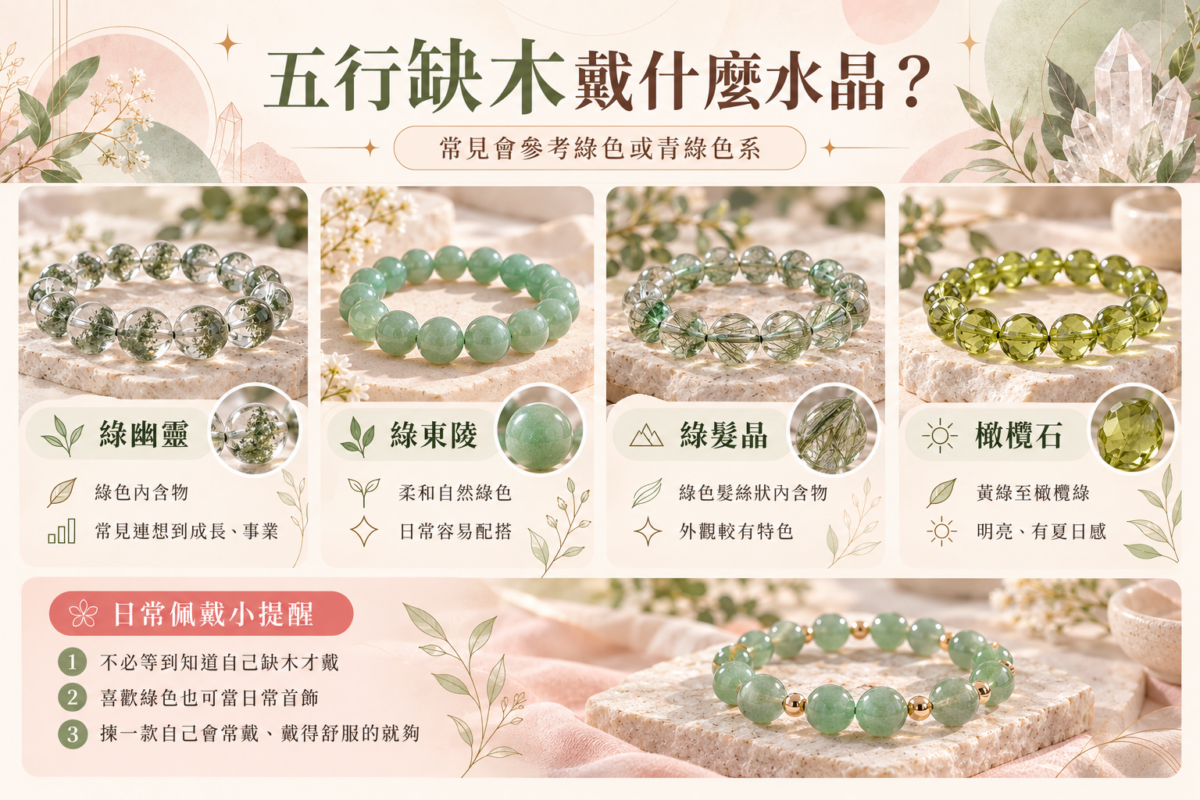 五行缺木水晶推薦比較圖：綠幽靈、綠東陵、綠髮晶與橄欖石的顏色特徵與配戴風格。