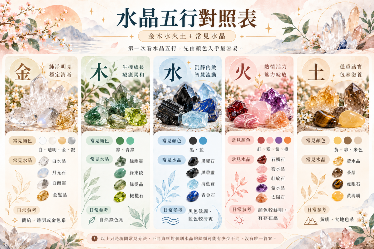 水晶五行對照表資訊圖：金、木、水、火、土五行屬性對應的水晶顏色、常見水晶款式與日常選擇建議。