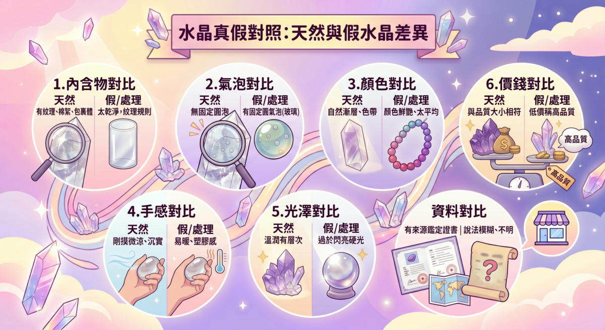 天然水晶與假水晶真假辨別對照表資訊圖,採用雙欄對比設計,詳細列出內含物、氣泡、顏色、手感、光澤、價錢以及店家資料等7大維度的天然與仿品特徵差異。