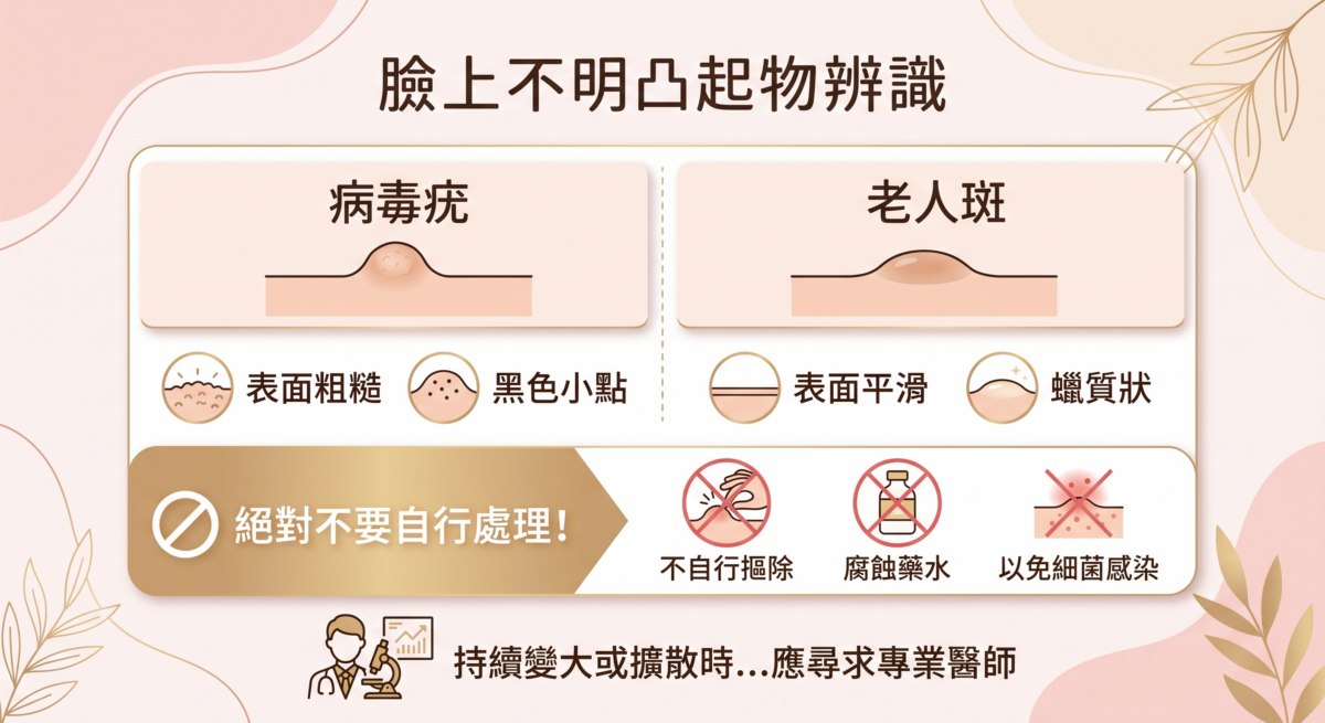 發現臉上出現不明凸起物時，很多人會把它跟老人斑搞混，導致處理方向完全錯誤。