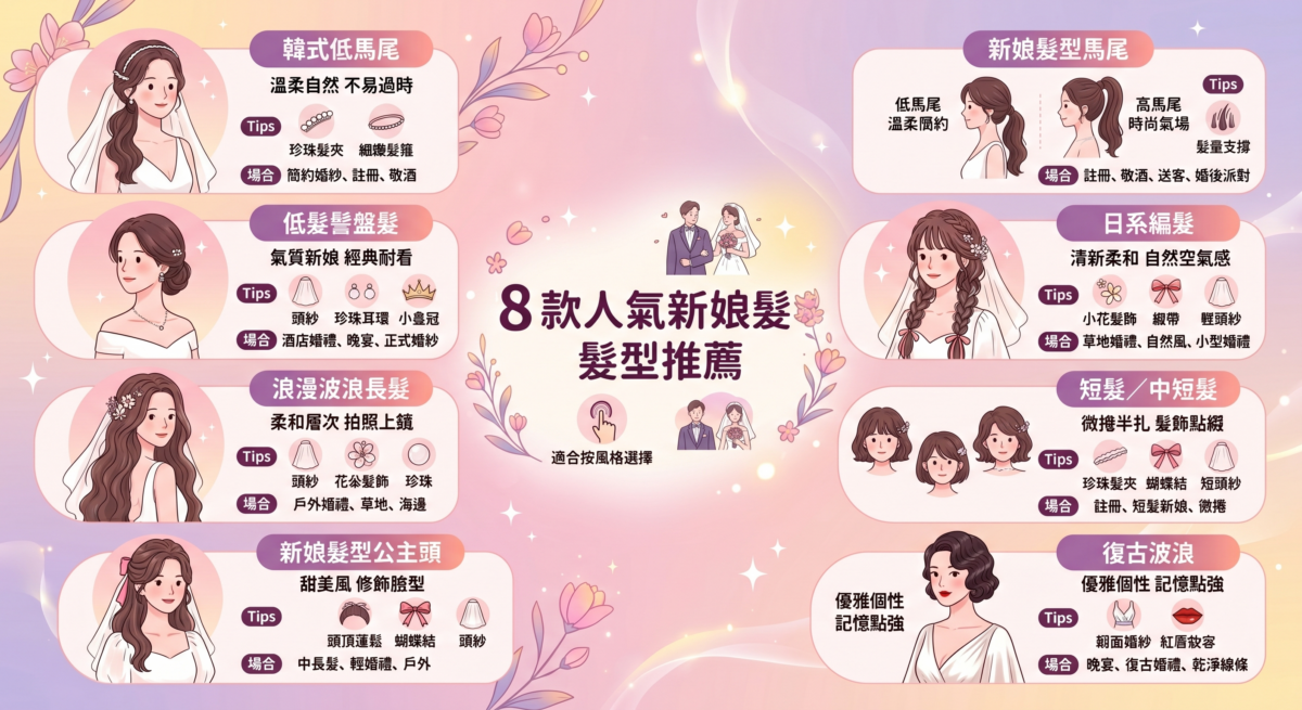 8款人氣新娘髮型對比圖:包含韓式低馬尾、低髮髻、浪漫波浪長髮、公主頭、日系編髮、短髮及復古波浪的適合髮長、婚禮場合與風格重點速查表。