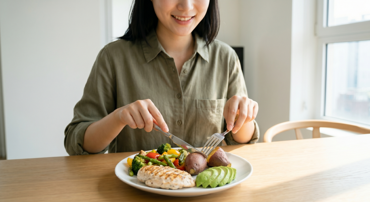 間歇性斷食進食期間不應只靠少吃，而要吃足蛋白質、蔬菜、主食、好脂肪和水分，才能維持飽足感、能量和穩定狀態。