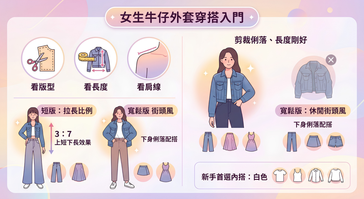 2026女生牛仔外套穿搭指南對比圖，詳細解析短版與Oversized寬鬆版牛仔外套的適合身材、推薦搭配高腰褲、長裙或直筒褲的技巧，助梨形與嬌小身材穿出修長比例。