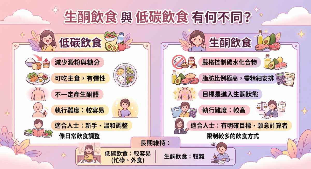 生酮飲食與低碳飲食比較圖:從碳水限制、脂肪比例、是否進入生酮狀態、執行難度與適合人士五大維度,一目了然解析低碳與生酮飲食的核心差異。
