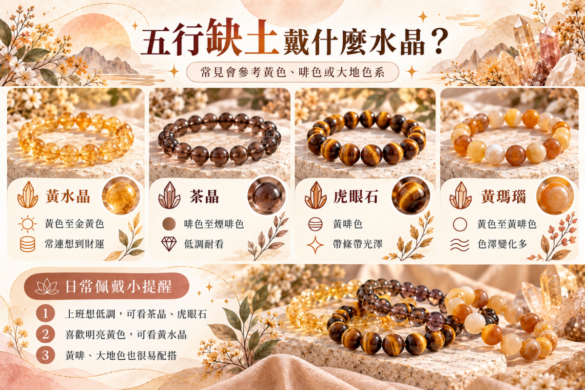 五行缺土水晶推薦比較圖：黃水晶、茶晶、虎眼石與黃瑪瑙的顏色特徵與配戴風格。