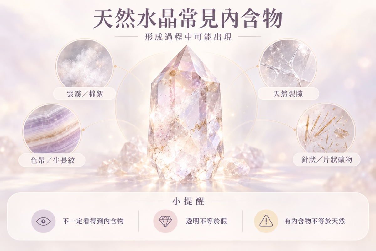天然水晶常見內含物與辨識迷思資訊圖,包含雲霧棉絮、天然裂隙、色帶生長紋、針片狀礦物等特徵及真假判斷觀念釐清。