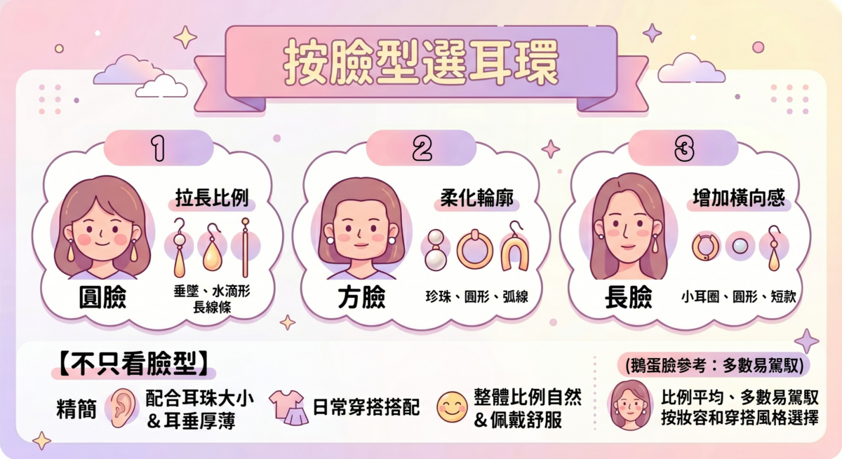 按臉型選耳環搭配攻略圖,包含圓臉、方臉、長臉、鵝蛋臉的修飾效果,以及垂墜款、圓形耳釘、小耳圈等推薦耳環款式的視覺化對照表。