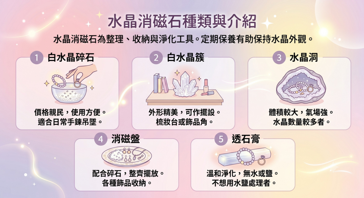 5種常見水晶消磁石與收納工具圖鑑，包含白水晶碎石、白水晶簇、水晶洞、消磁盤、透石膏的特點、外觀特色及最適合的水晶飾品日常保養情境推薦。