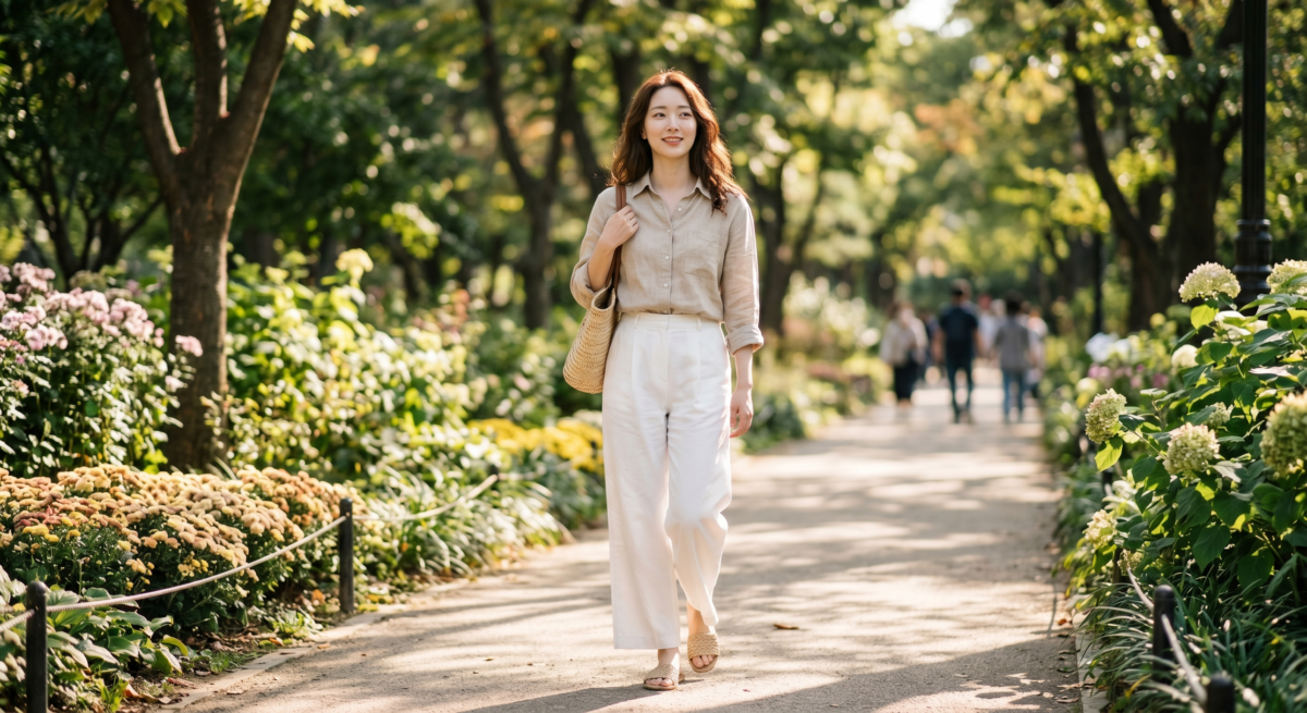 亞麻襯衫配闊腳褲清爽舒服又有春夏感,選米色、白色、淺藍色或奶白色款式,並避免剪裁太鬆垮,就能穿出自然乾淨的日常造型。