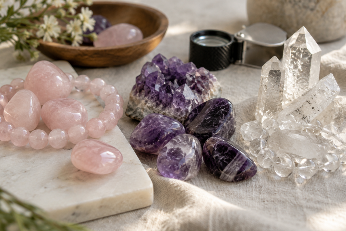粉晶、紫水晶及白水晶真假都不能只靠棉絮、色帶或清澈度判斷,較高價產品應配合來源、處理資料及鑑定報告確認。