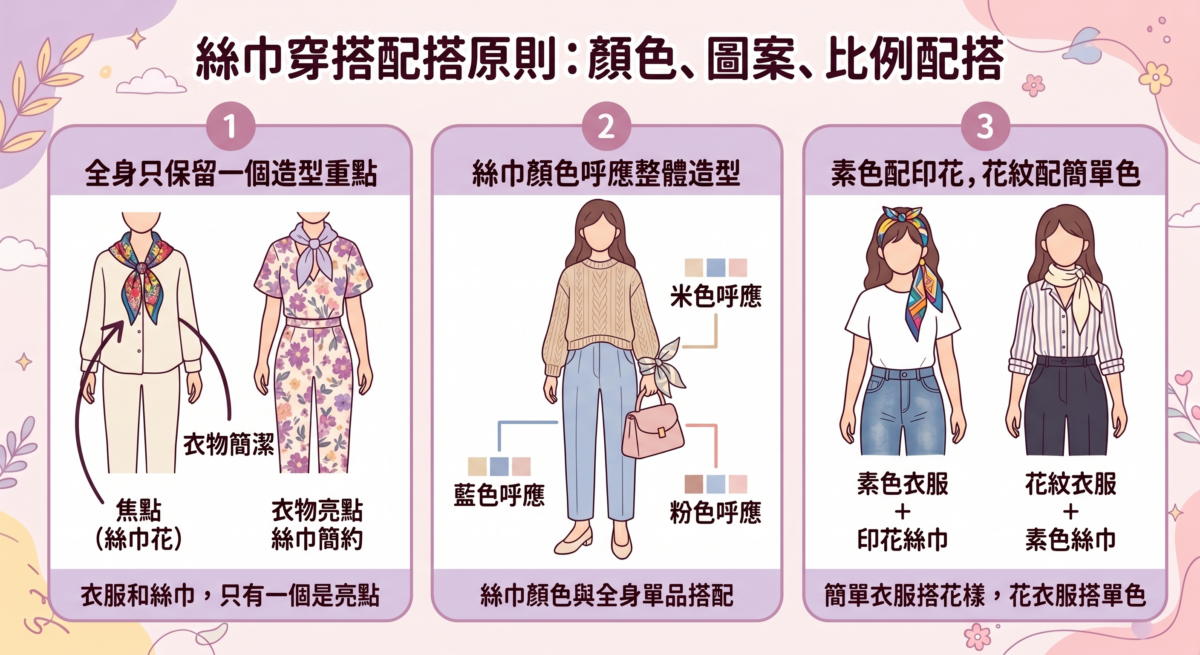絲巾穿搭原則教學資訊圖:新手必學的3大黃金搭配原則,包含造型重點單一化、顏色呼應整體配件、素色與印花繁簡互補的衣著視覺對比。