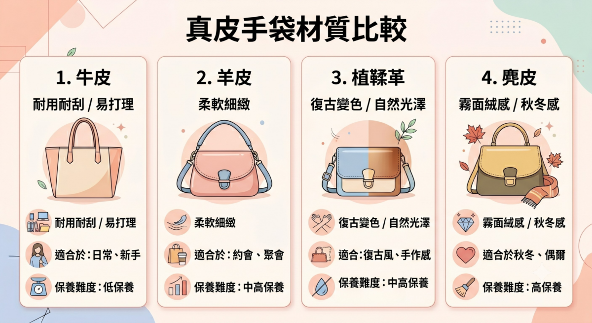 真皮手袋材質比較資訊圖表，一目了然對比牛皮、羊皮、植鞣革與麂皮的材質特色、適合對象及保養難度星等。