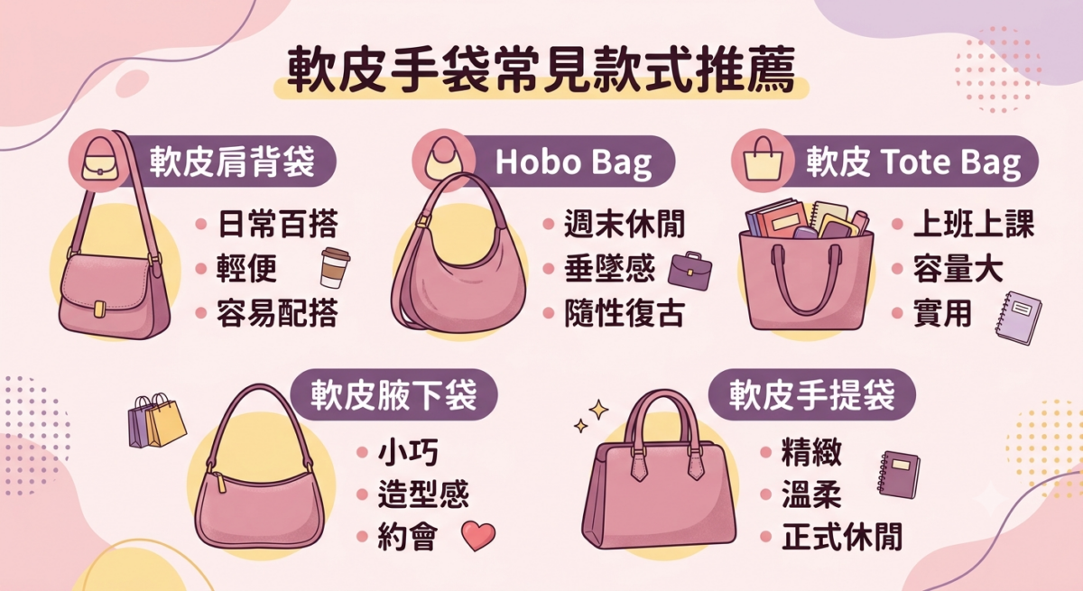 軟皮手袋常見款式挑選指南資訊圖:肩背袋、Hobo Bag、Tote Bag、腋下袋、手提袋的適合場合、優點與缺點對比表格。