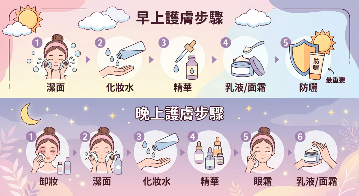 早晚護膚步驟全攻略資訊圖表，視覺化對比早上的5個防護步驟與晚上的6個修護步驟，並提供早晚的極簡縮時保養公式。