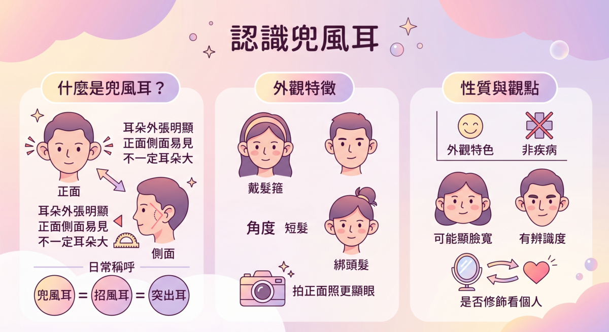 兜風耳是什麼?和招風耳有什麼分別? 兜風耳是指耳朵較明顯向外張開,從正面或側面看都較容易看到耳朵輪廓。日常說法中,兜風耳、招風耳和突出耳意思相近,都是形容耳朵外張感較明顯。 兜風耳不一定代表耳朵特別大,重點在於耳朵和頭部之間的角度較開,所以耳朵存在感會比較強。綁頭髮、剪短髮、戴髮箍或拍正面照時,耳朵輪廓也會更容易被看見。 這種耳型多數不是疾病,而是一種外觀特色。有人會覺得它令臉型看起來較寬,也有人認為它有辨識度。是否需要修飾,主要視乎自己是否在意。