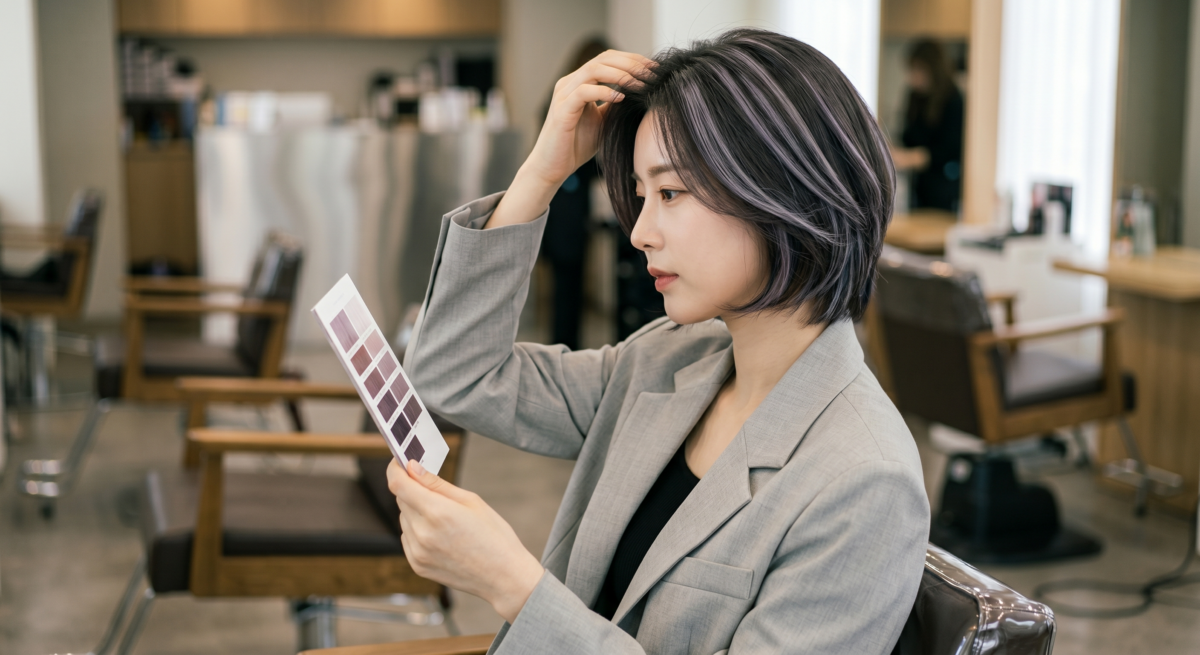紫灰色頭髮是結合紫調與灰調的霧感冷色系，低調顯質感又適合日常，但染後需要護色保養以減慢褪色。