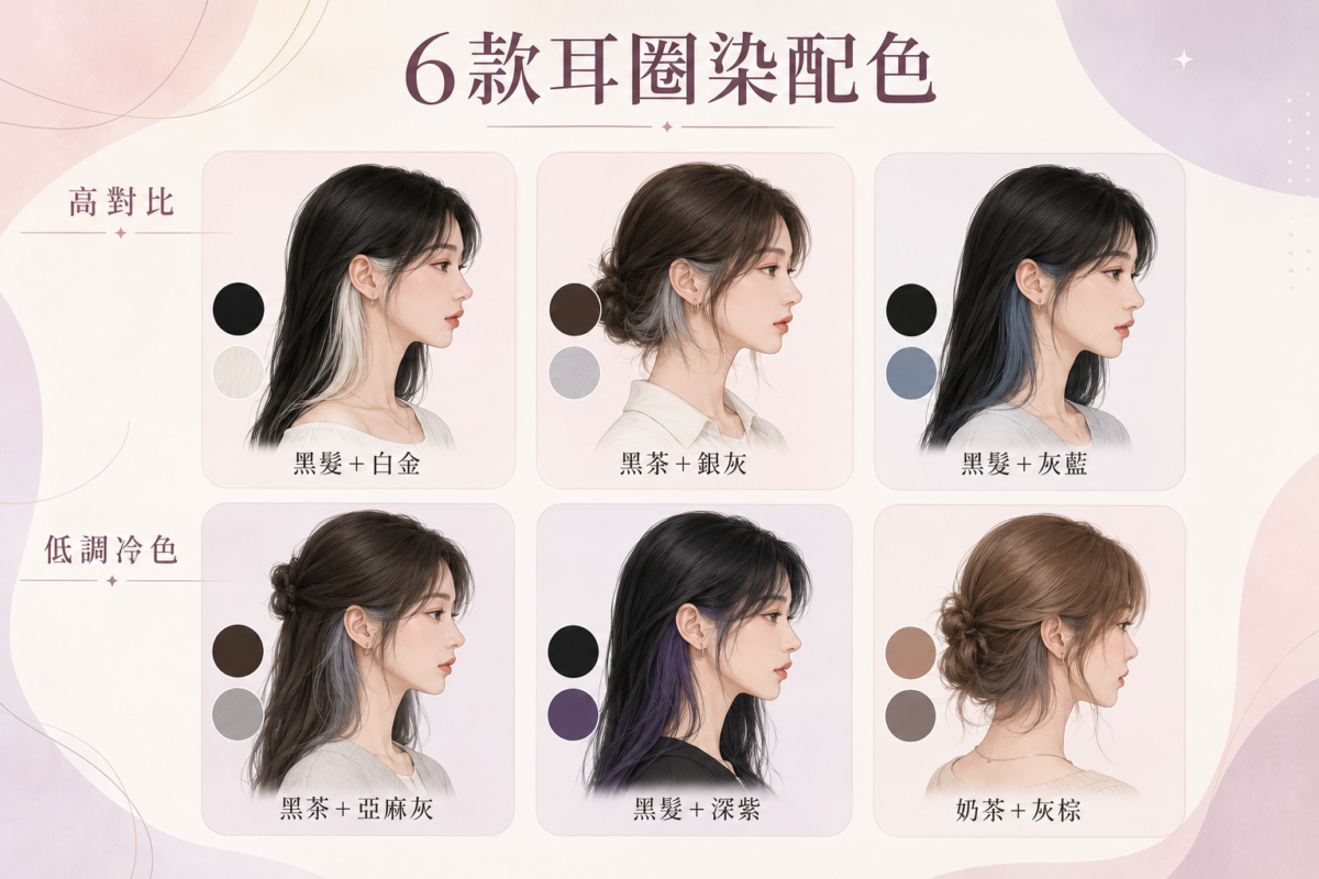 6款熱門耳圈染配色指南：包含黑髮配白金、銀灰、灰藍的高對比款，以及黑茶配亞麻灰、深紫、灰棕的低調冷色款對照。