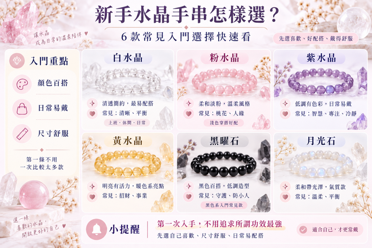 新手入門水晶手串懶人包：白水晶、粉水晶、紫水晶、黃水晶、黑曜石及月光石的外觀風格與坊間寓意對照圖。