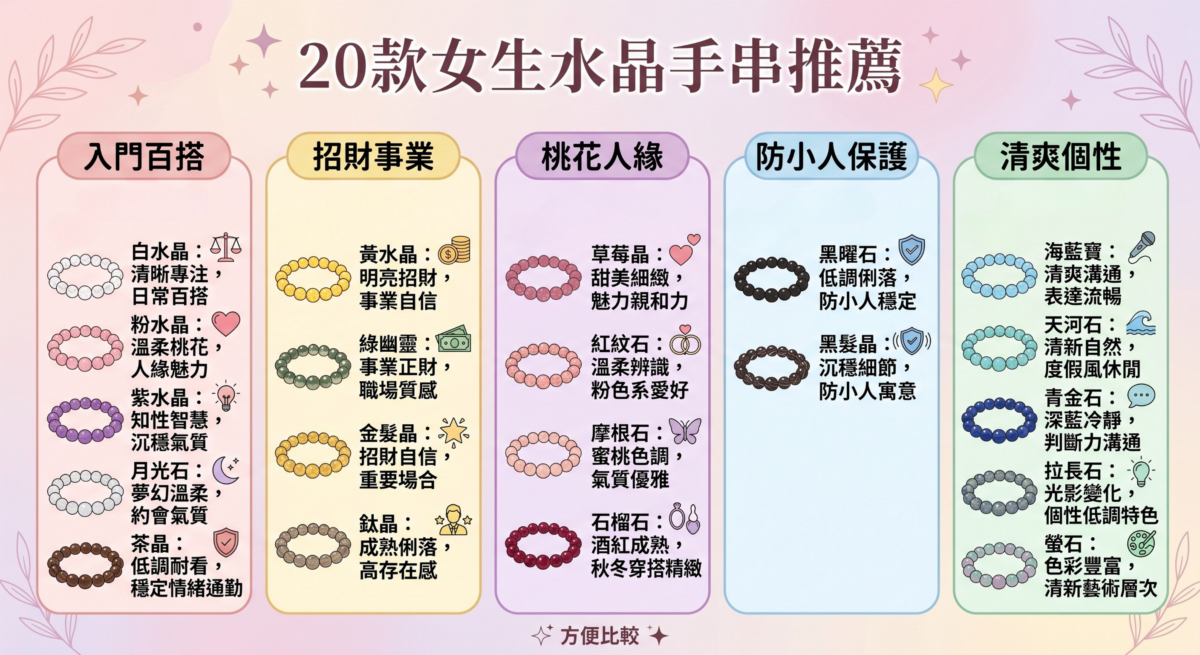 20款常見女生水晶手串分類速查圖表,包含入門百搭(白水晶、粉晶、紫水晶、月光石、茶晶)、招財事業(黃水晶、綠幽靈、金髮晶、鈦晶)、桃花人緣、防小人保護及清爽個性款的寓意與穿搭風格對照。