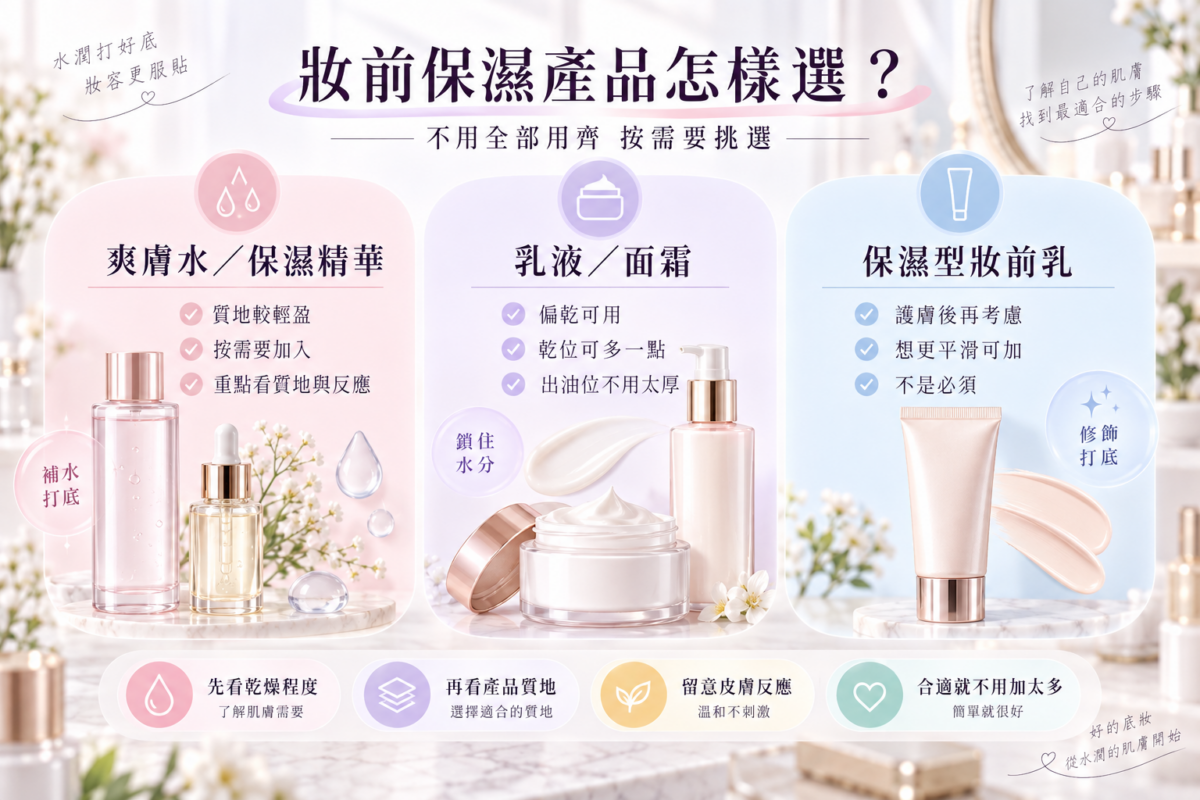 妝前保濕產品挑選指南資訊圖,包含爽膚水、精華、乳液、面霜及妝前乳的選擇建議與適用膚質。