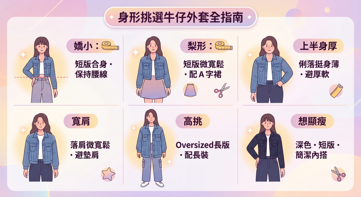 女生依身形挑選牛仔外套的指南圖表，涵蓋嬌小、梨形、上身厚、寬肩、高挑女生的外套款式推薦，並提供肩線、衣長與袖長的挑選關鍵。