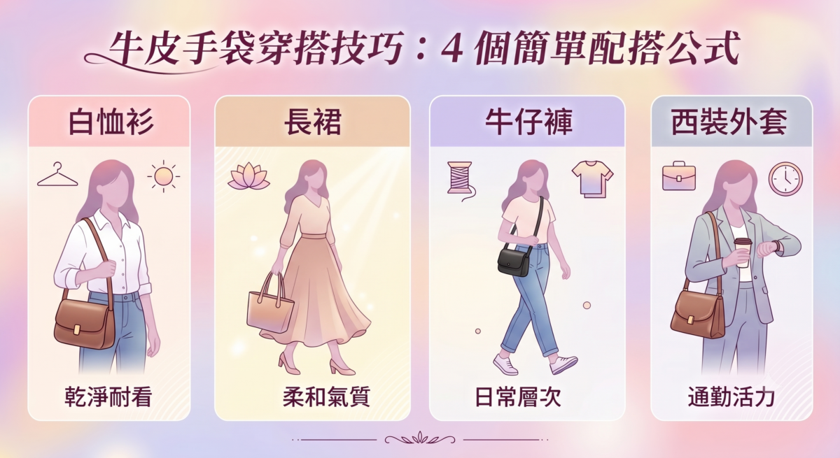 牛皮手袋的4個簡單穿搭公式圖解,包含白恤衫、長裙、牛仔褲、西裝外套與不同顏色牛皮手袋的配搭技巧與風格建議。