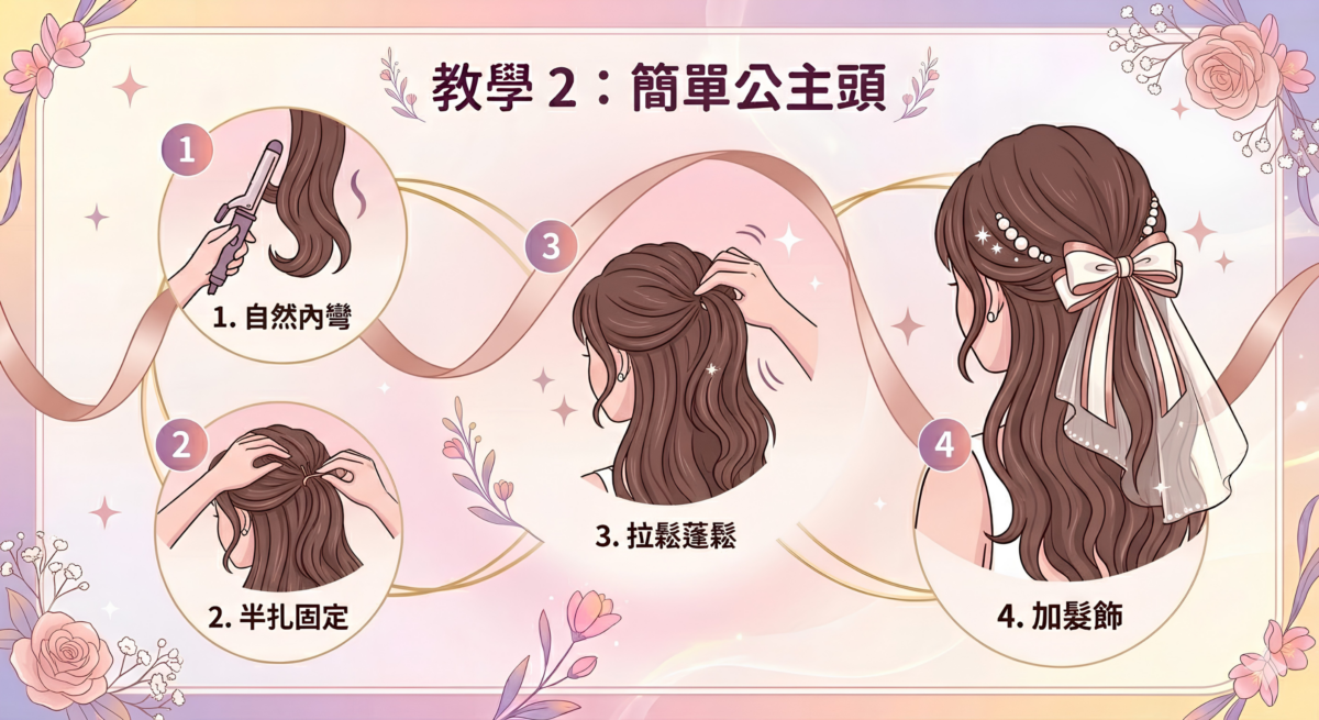 簡單公主頭4步驟DIY教學資訊圖,包含夾內彎、半扎固定、拉鬆頭頂及搭配蝴蝶結或頭紗等髮飾步驟。
