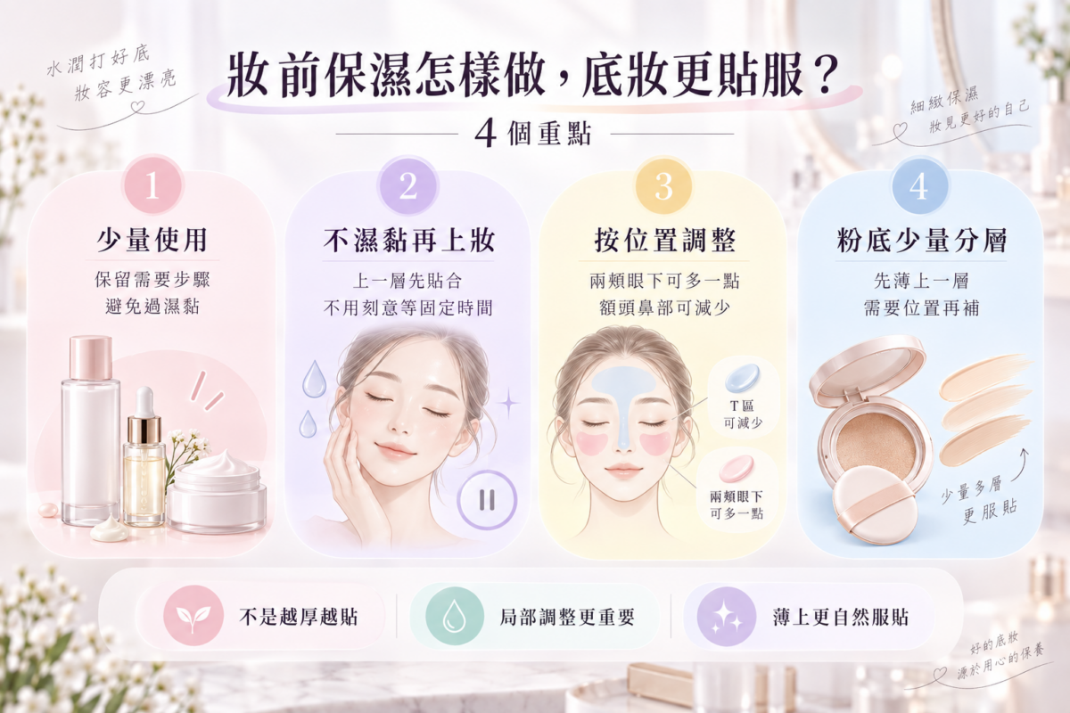 完美底妝的 4 個妝前關鍵資訊圖,包含少量使用護膚品、等待吸收、按位置調整保濕量、粉底少量分層等建議。