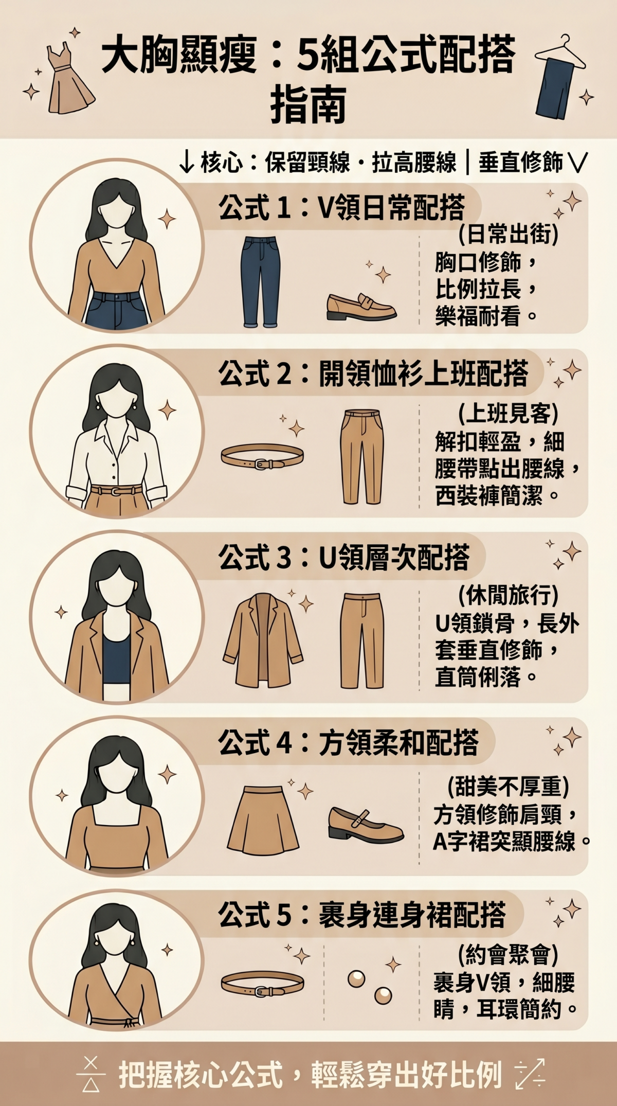 大胸女生顯瘦穿搭公式資訊圖表:整理5組適合日常、上班、旅行、約會與聚會的顯瘦服裝搭配組合,包含V領、方領、開領恤衫及裹身裙等單品推薦。