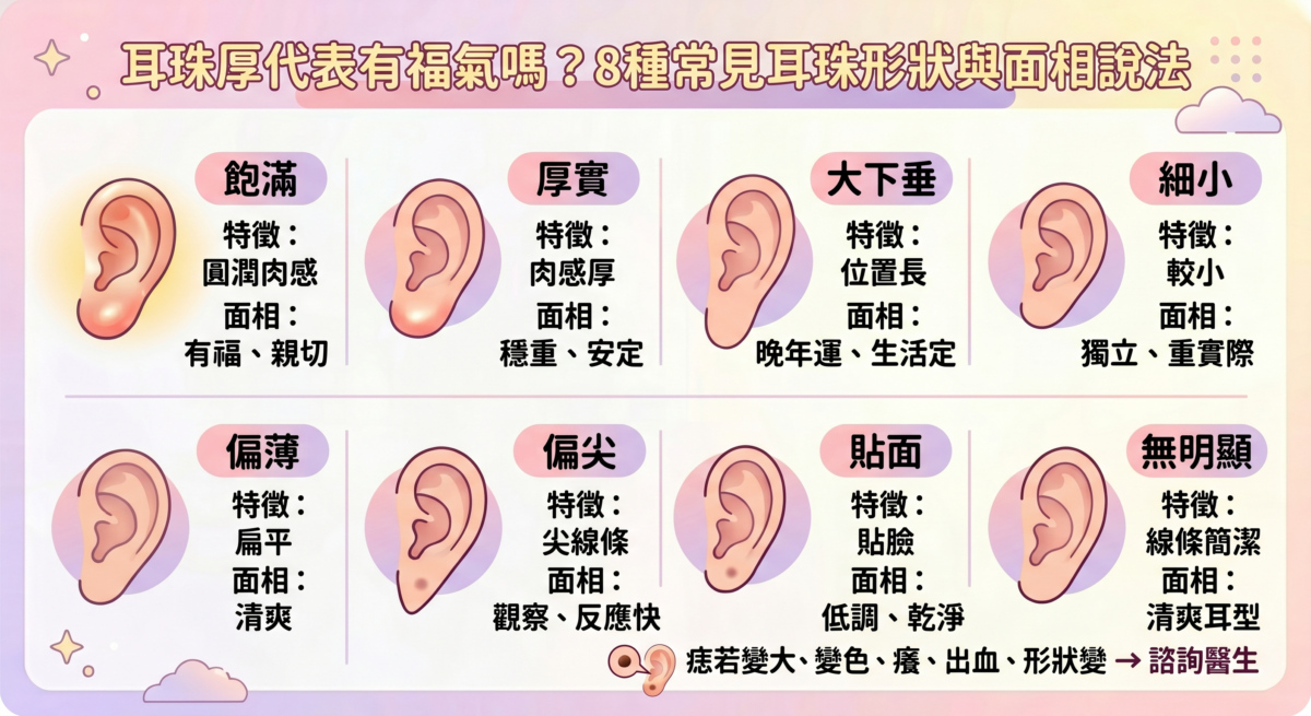 8種常見耳珠形狀對比資訊圖,包含耳珠飽滿、厚實、大而下垂、細小、偏薄、偏尖、貼面及沒有明顯耳珠,詳細圖解各耳型的外觀特徵、傳統面相說法與耳環修飾穿搭方向。