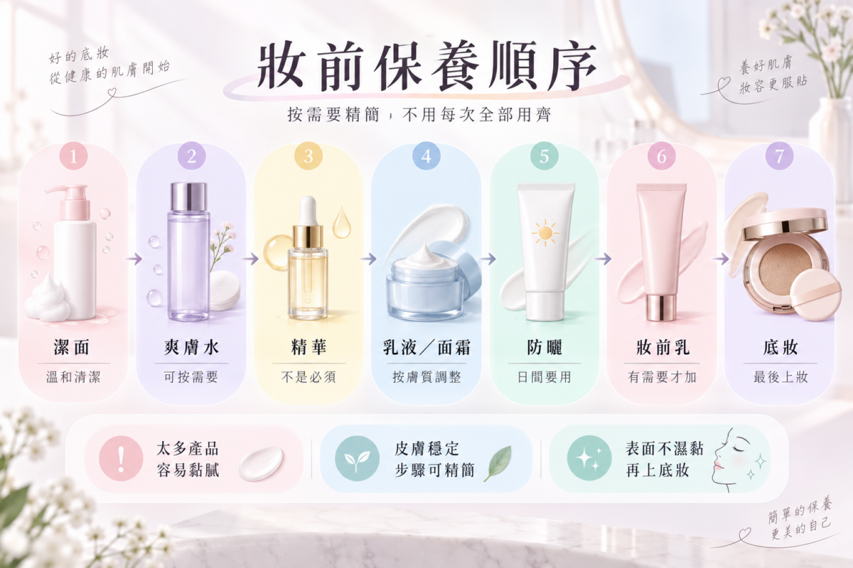 日間妝前保養順序資訊圖,包含潔面、爽膚水、精華、乳液與面霜、防曬及妝前乳的正確護膚步驟與選配建議。