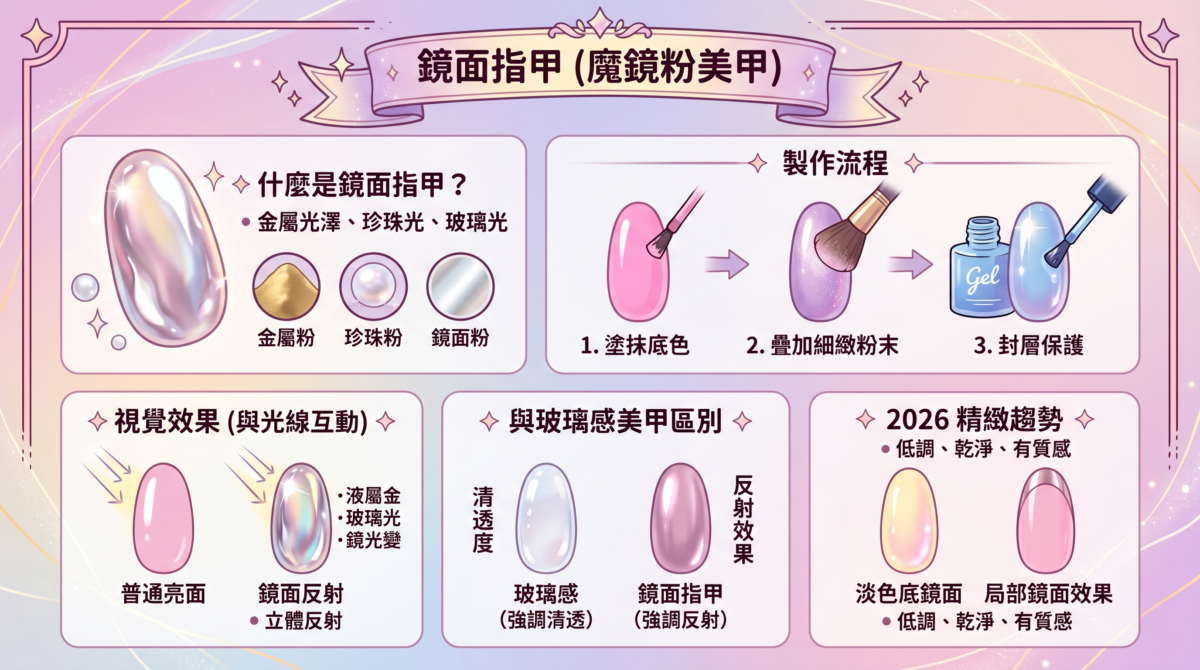 鏡面指甲Chrome Nails製作步驟與金屬珍珠光澤效果對比資訊圖。