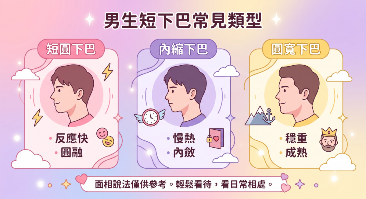 男生短下巴面相類型對比圖：解析短下巴、短圓下巴、短小內縮下巴與圓寬下巴的形狀特徵、面相說法及日常觀察重點。
