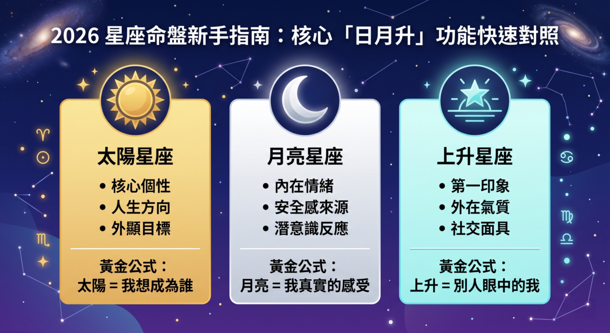 星座命盤日月升對比資訊圖:三欄整理太陽、月亮、上升星座的核心特質,並以「太陽看核心,月亮看情緒,上升看外在」快速總結。