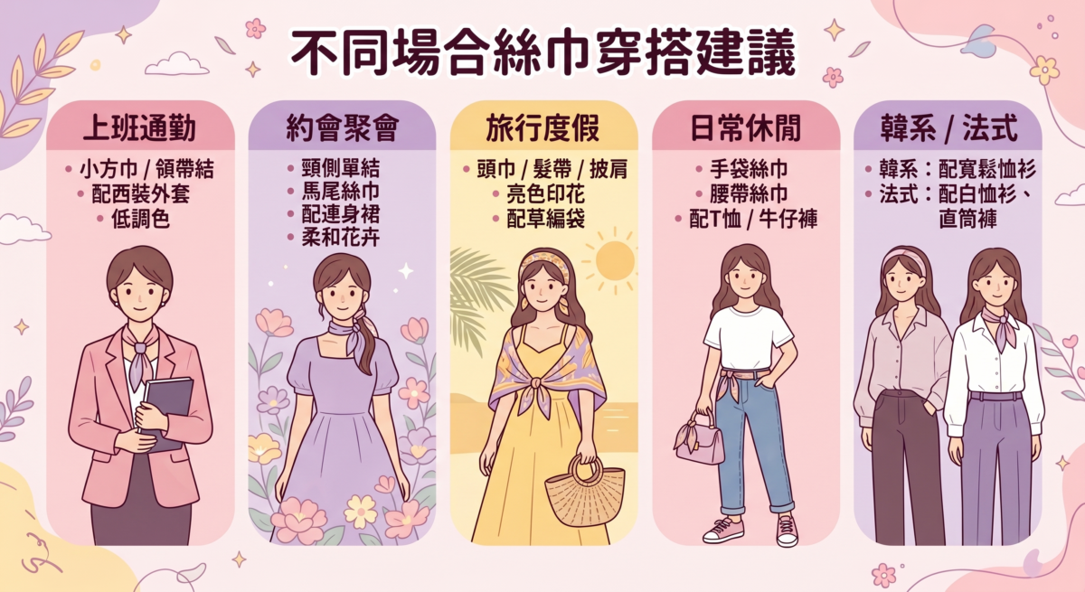 不同場合絲巾穿搭建議資訊圖:包含上班通勤、約會聚會、旅行度假、日常休閒及韓系法式風格的絲巾綁法與服裝配搭重點視覺指南。