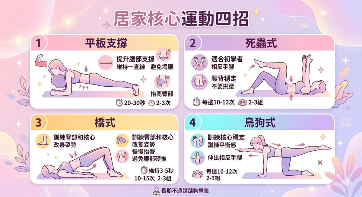 居家減胃腩核心訓練4大動作圖解:包含平板支撐、死蟲式、橋式與鳥狗式的正確姿勢線稿、發力點標註以及建議訓練組數懶人包。