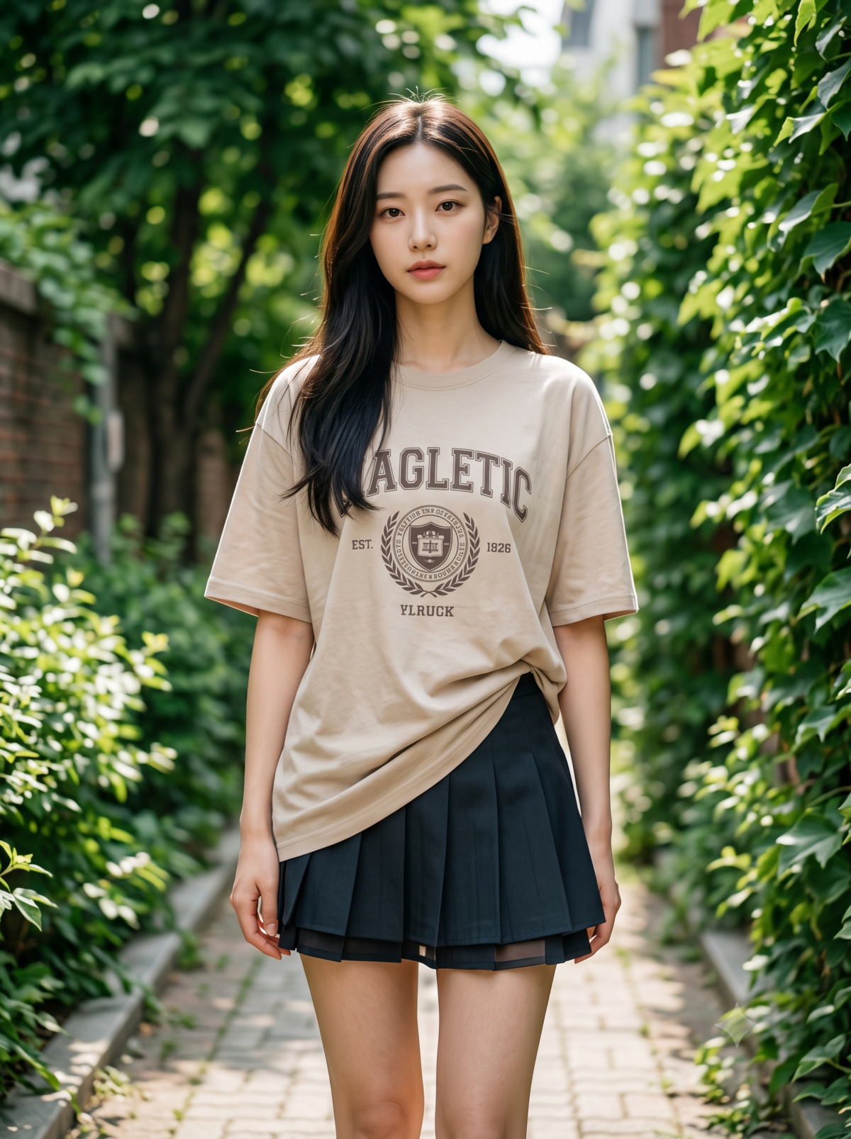 嬌小身形穿 Oversize T-shirt 要避免衣長過長，配高腰短下身或直筒褲更能拉長比例。