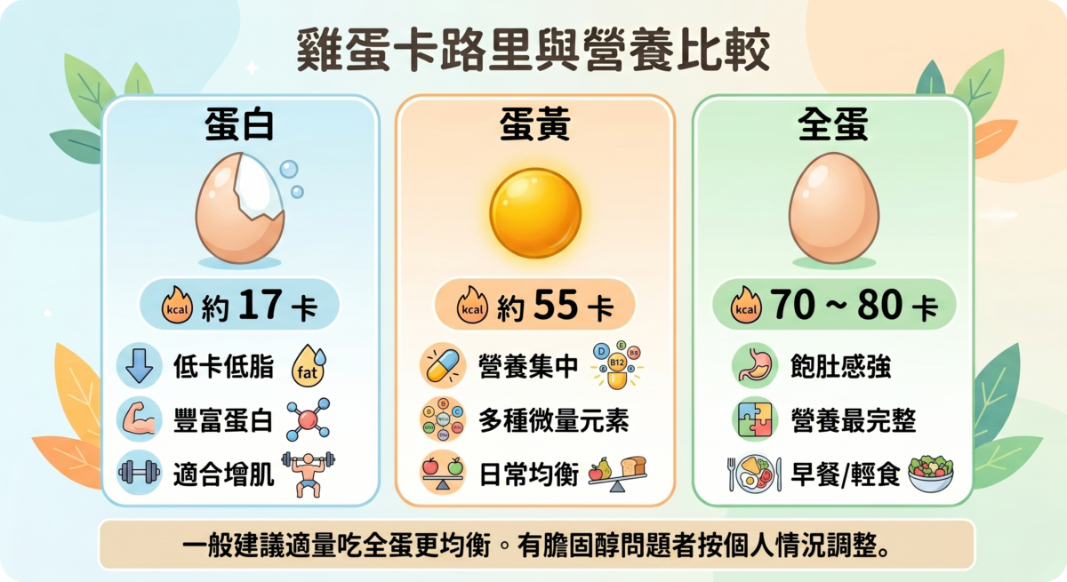 蛋白、蛋黃與全蛋卡路里及營養對比資訊圖：視覺化呈現蛋白、蛋黃與全蛋的熱量差異、特色與適合飲食情境推薦。