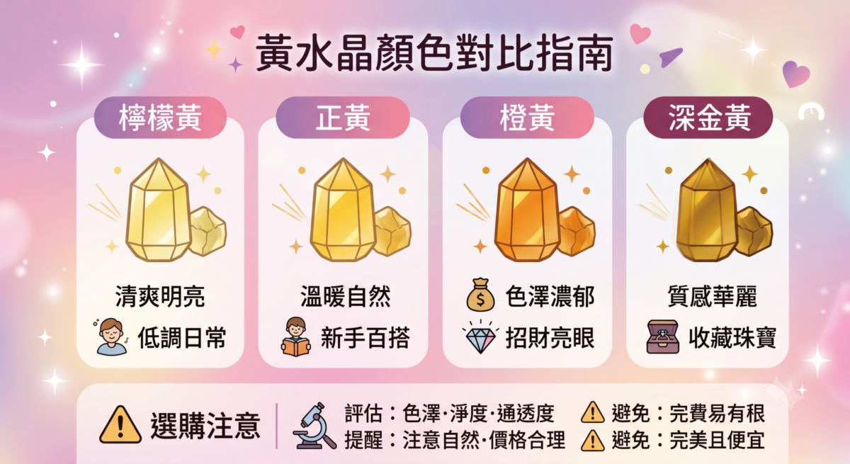 黃水晶顏色等級對比圖：檸檬黃、正黃色、橙黃色、深金黃色水晶的外觀特色與適合人群挑選指南。