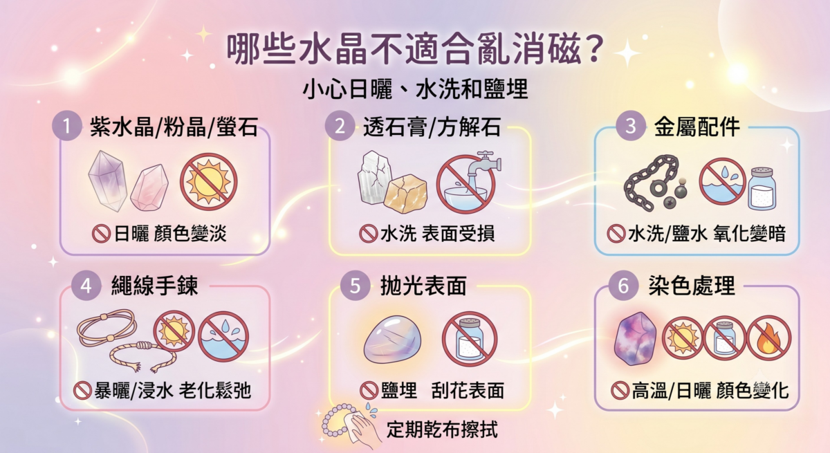 紫水晶、粉晶、透石膏及金屬飾品的消磁禁忌圖表，包含怕日曬、怕水洗與怕鹽埋的水晶材質分類與正確保養建議。