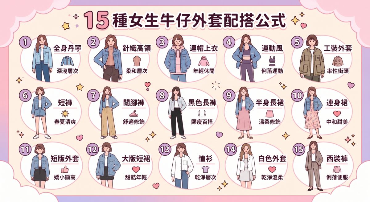 15種女生牛仔外套穿搭公式速查表，將丹寧外套配搭劃分為休閒街頭、溫柔氣質、俐落顯高與日常輕熟四大風格，包含長裙、連身裙、闊腳褲及西裝褲的穿搭範本。