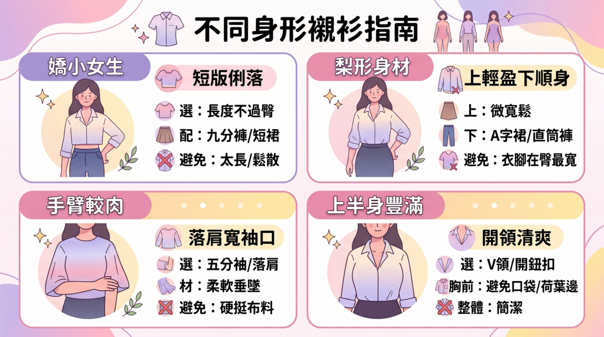 不同身形襯衫穿搭指南資訊圖表,針對嬌小女生、梨形身材、肉肉手臂、上半身豐滿等四種體型,提供襯衫剪裁挑選、衣長拿捏與下裝(A字裙、九分褲、闊腳褲)的顯瘦搭配技巧速查表。