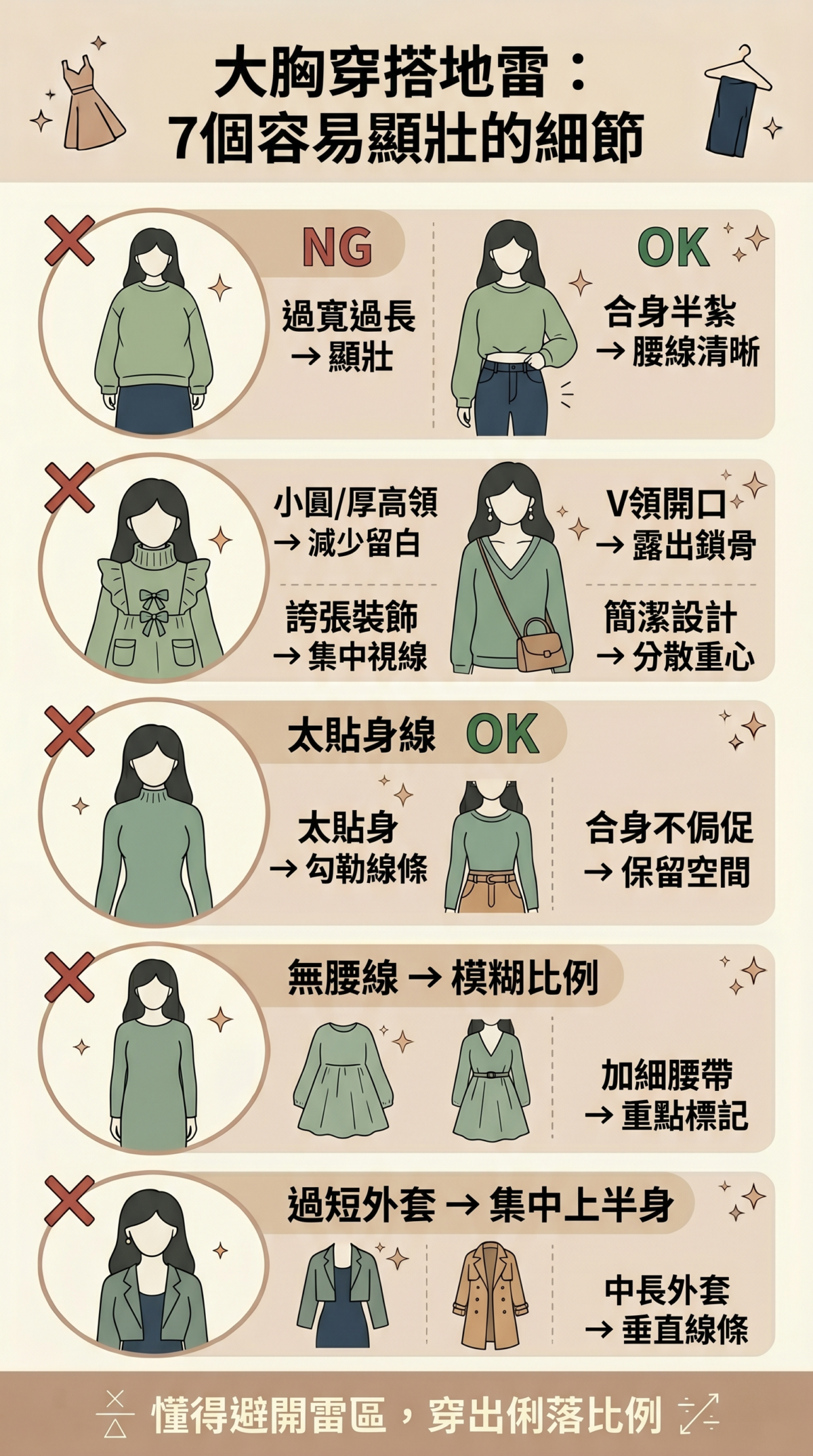 大胸女生7大穿搭地雷與顯瘦避坑指南資訊圖表:對比太寬鬆上衣、小圓領、胸前口袋、貼身布料、模糊腰線、娃娃裙與短外套的顯胖缺點,並提供相應的顯瘦修飾技巧。